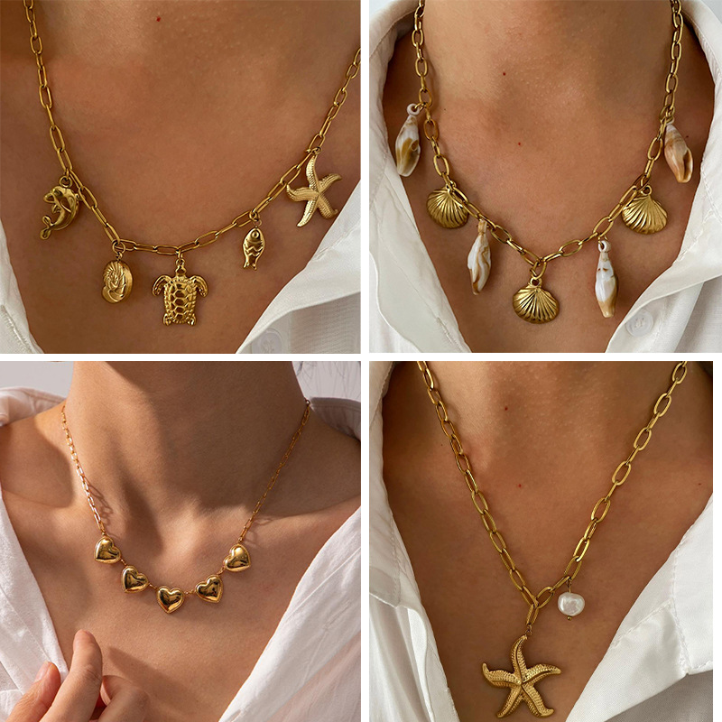 Gold Starfish Pearl Necklace Stainless Steel Starfish Turtle Shell Heart Necklace