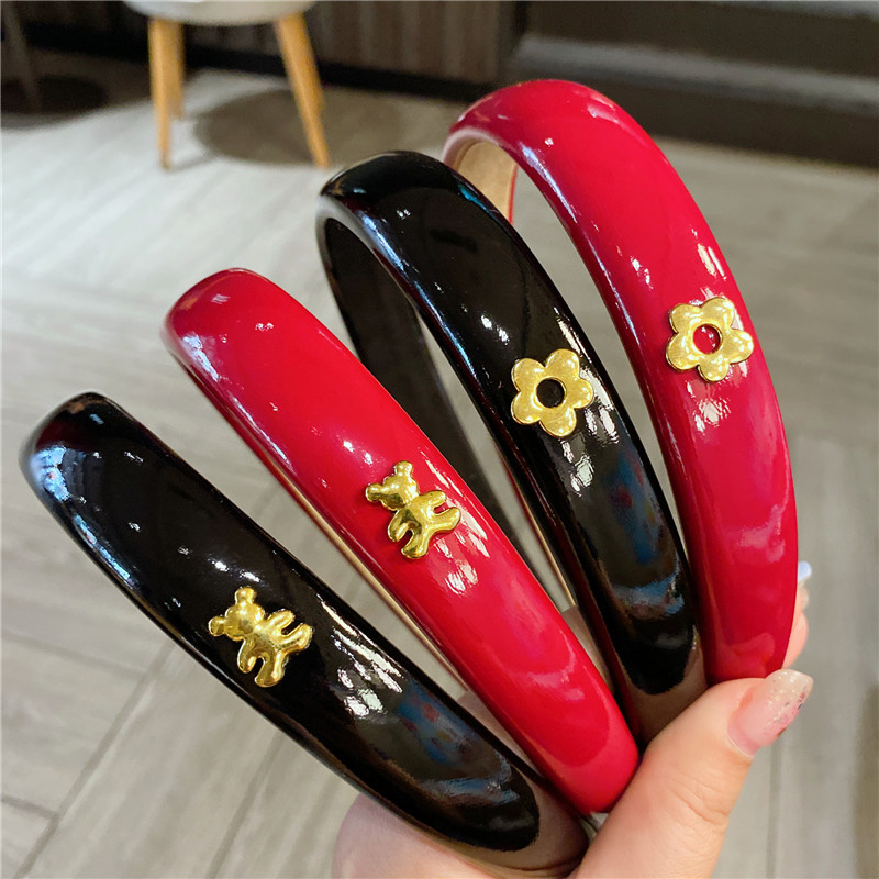 Bear Red Metal Bear Leather Wide Brim Headband