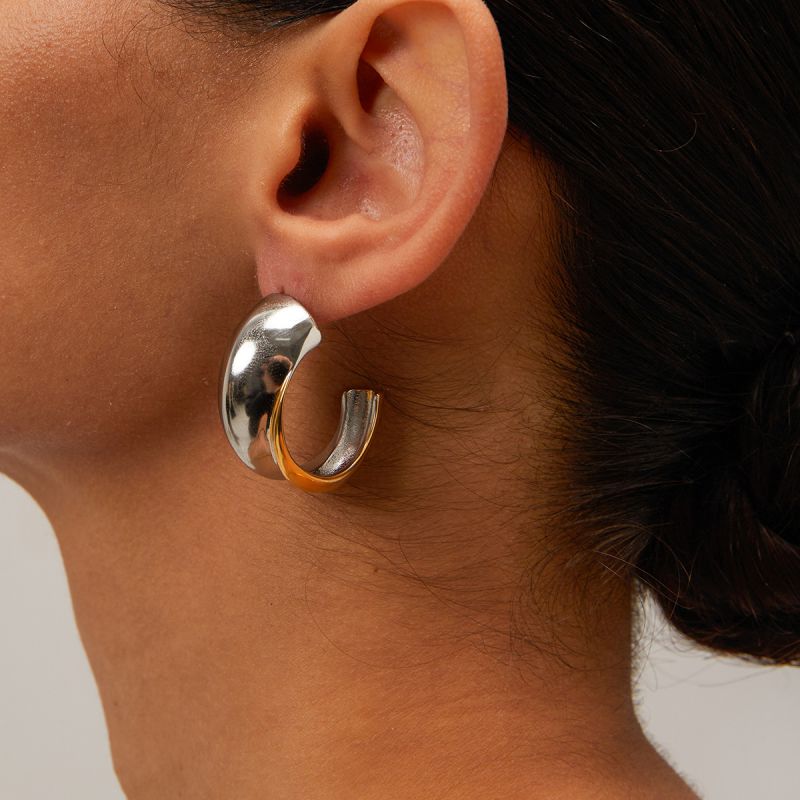 Gold And Silver Stainless Steel C-shaped Earrings