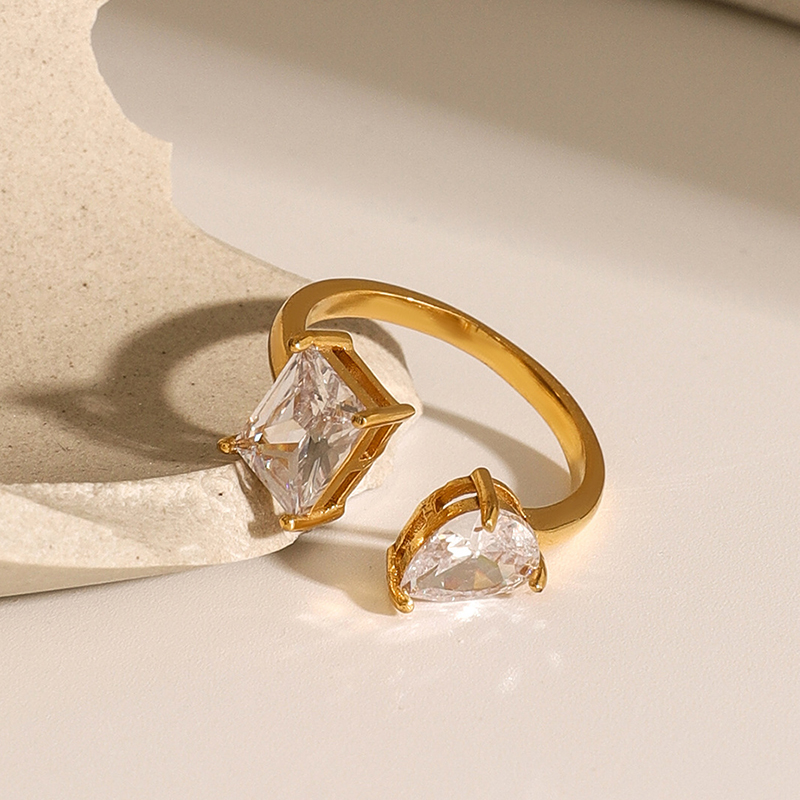 Gold Stainless Steel Diamond Drop Shape Square Ring