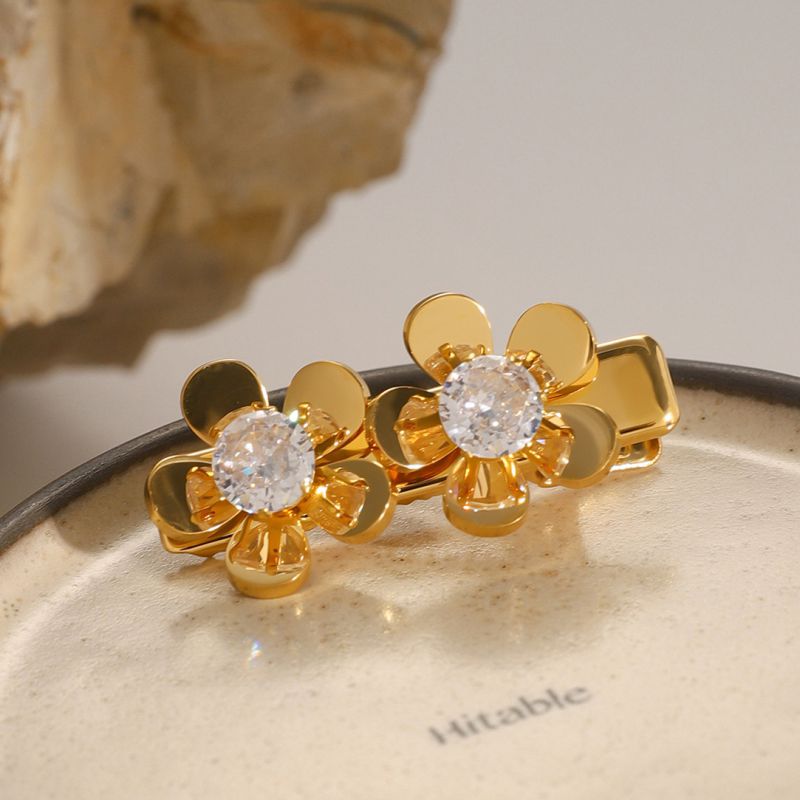 Gold Stainless Steel Diamond Flower Hairpin