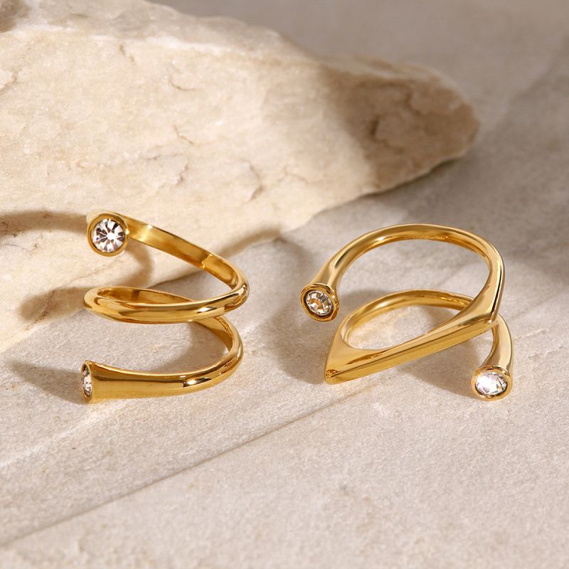 Gold Stainless Steel Geometric Ring With Diamonds