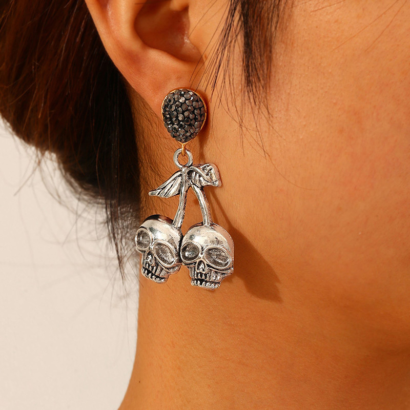 Silver Alloy Diamond Colorblock Skull Earrings