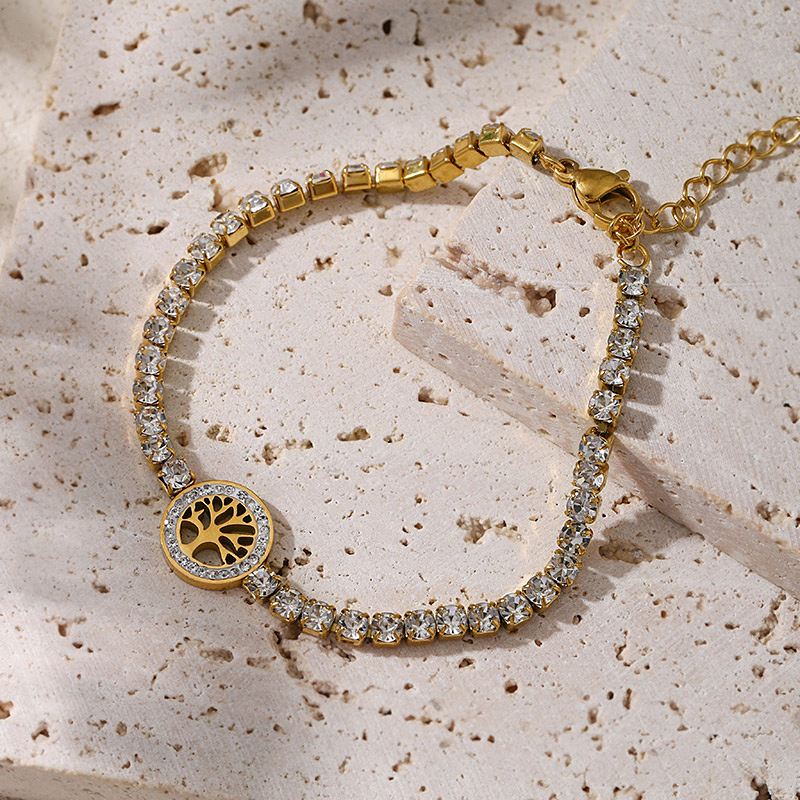 Gold Titanium Steel Inlaid Zircon Tree Of Life Bracelet