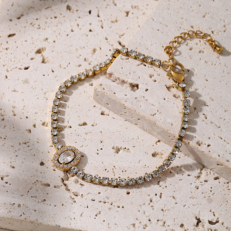 Gold Titanium Steel Inlaid Zircon Oval Bracelet