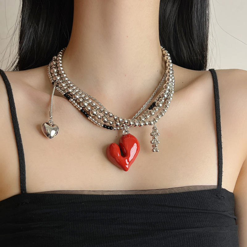 Red Geometric Beaded Heart Layered Necklace