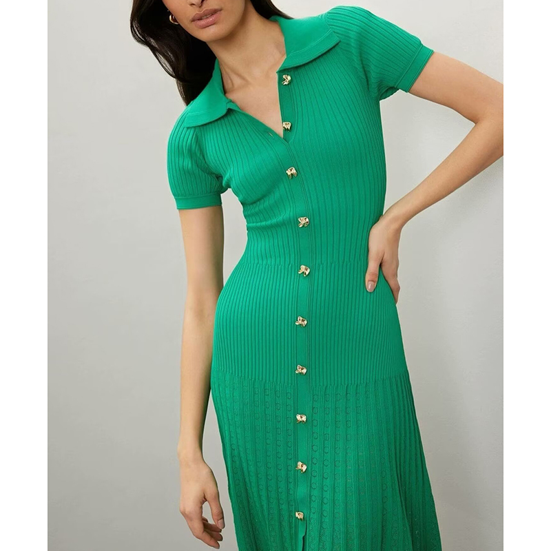 Green Knitted Button-down Lapel Long Skirt