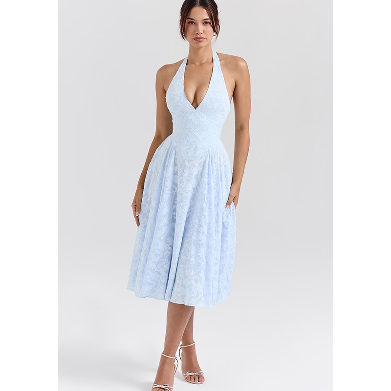 Blue Polyester Halterneck Printed Maxi Skirt