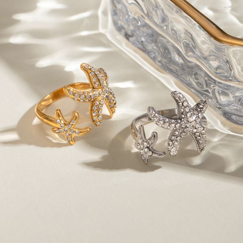 Gold Stainless Steel Diamond Starfish Open Ring