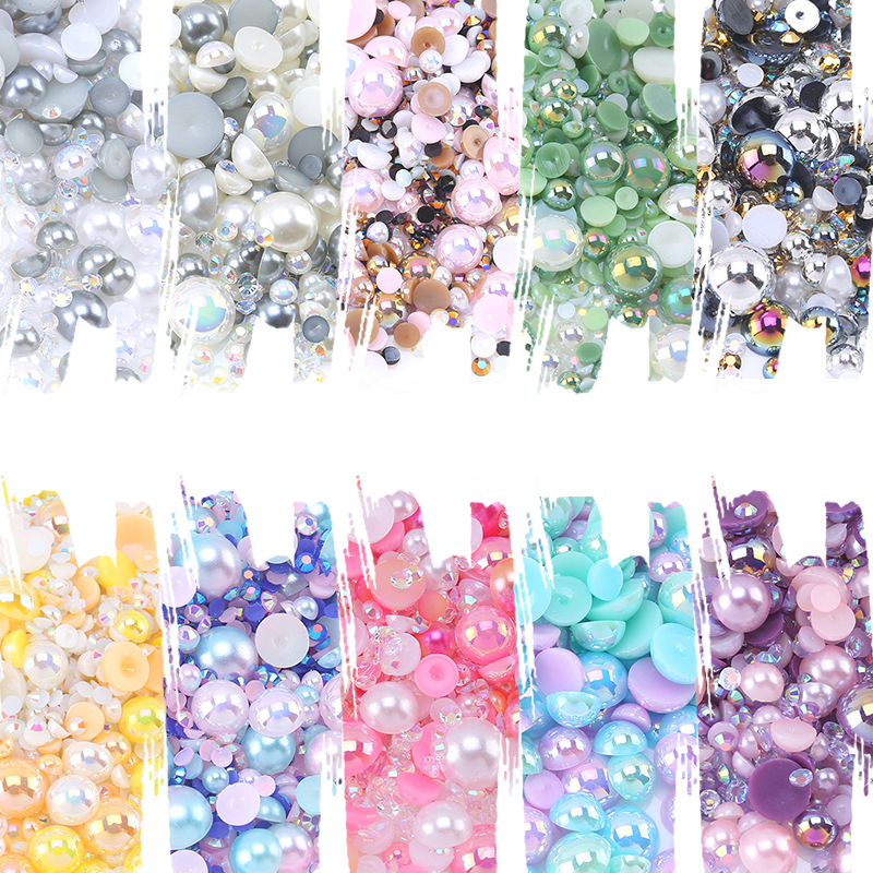 Semi-circular Pearls Mixed Powder Blue Series-b Semi-circular Pearl Resin Flat Bottom Nail Drill