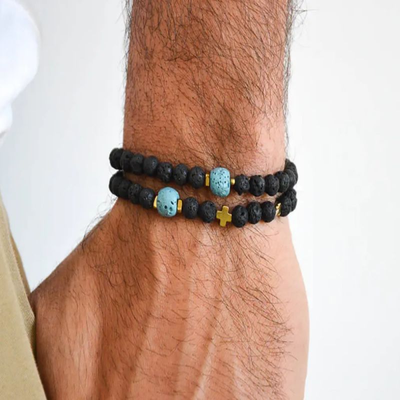 6# Geometric Volcanic Stone Black Gall Beaded Men's Bracelet