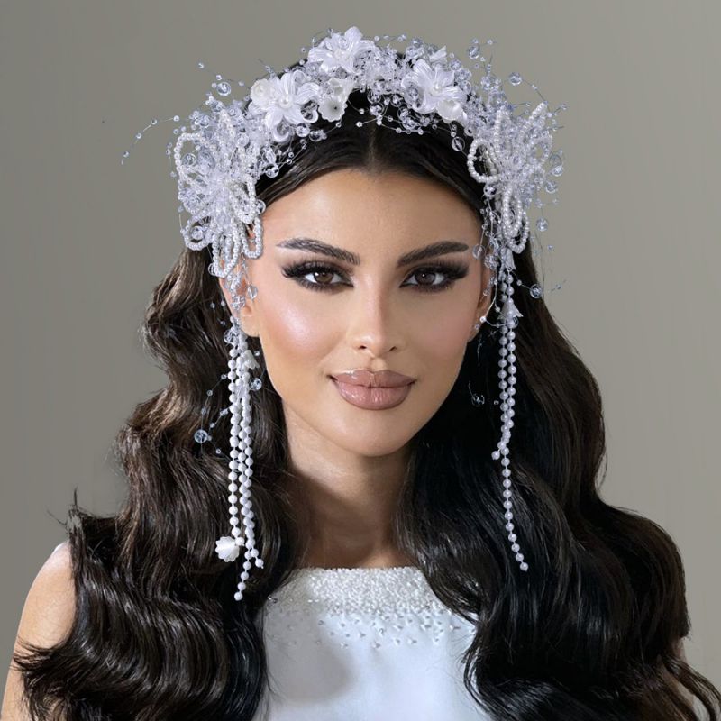 Diadema De Flores Con Borlas De Perlas De Cristal