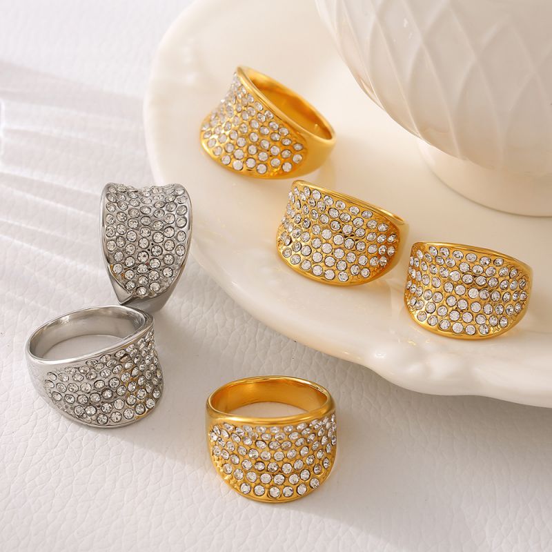 Silver Titanium Steel Diamond Geometric Wide Face Ring