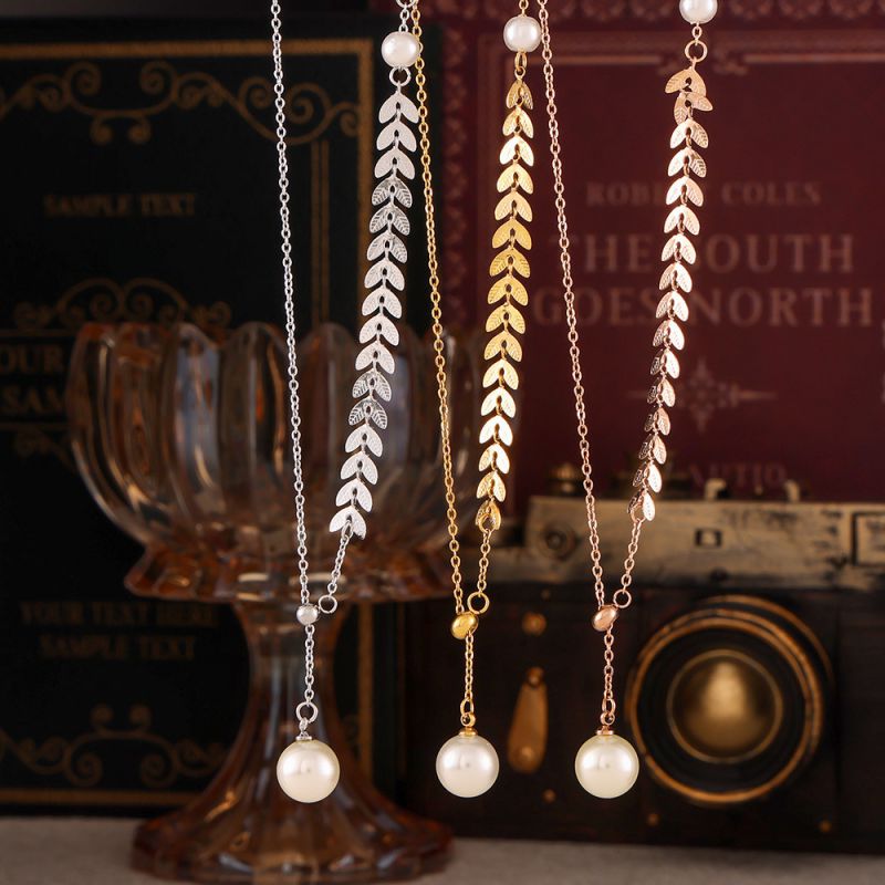 2 Gold Beads Titanium Steel Pearl Wheat Ear Y-shaped Necklace