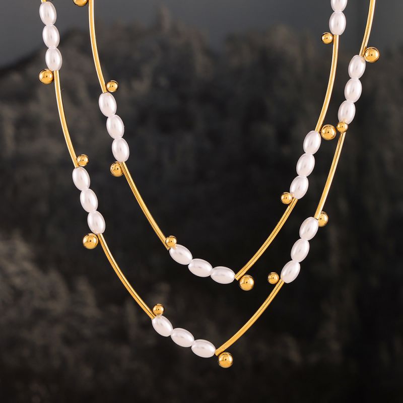 Gold Imitation Pearl Flower Tube Spacer Bead Titanium Steel Necklace