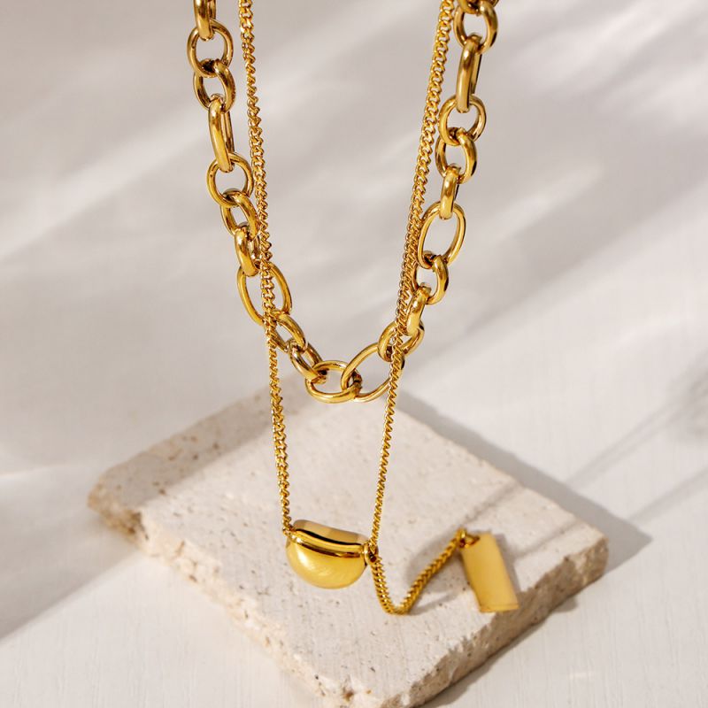 Silver Stainless Steel Square Plate Double Necklace
