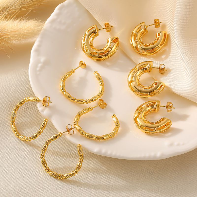 Gold Copper Irregular Plain Ring C-shaped Earrings