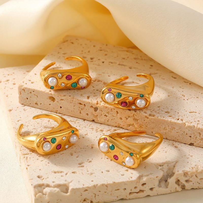 Gold Stainless Steel Diamond Pearl Open Ring