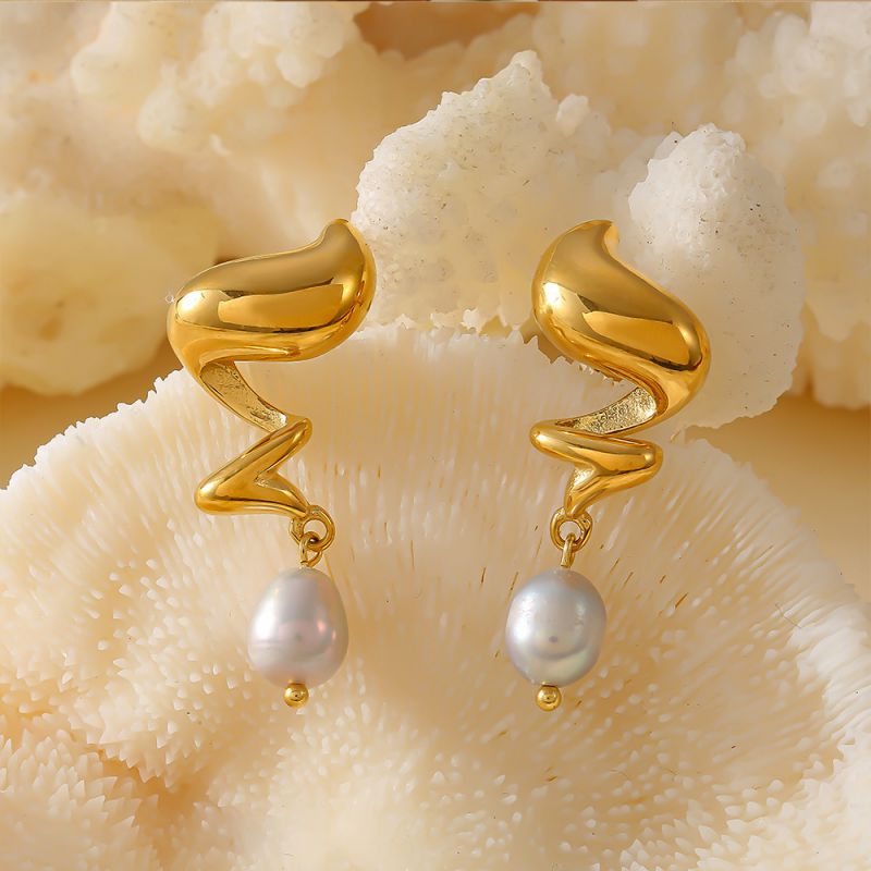 Silver Stainless Steel Pearl Irregular Earrings