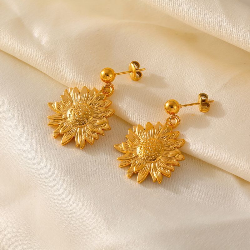 Silver Titanium Steel Sunflower Earrings