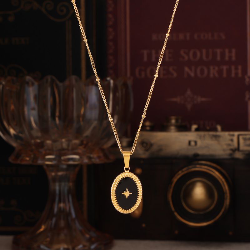 Gold Titanium Steel Oval Oil Drop Cross Star Necklace