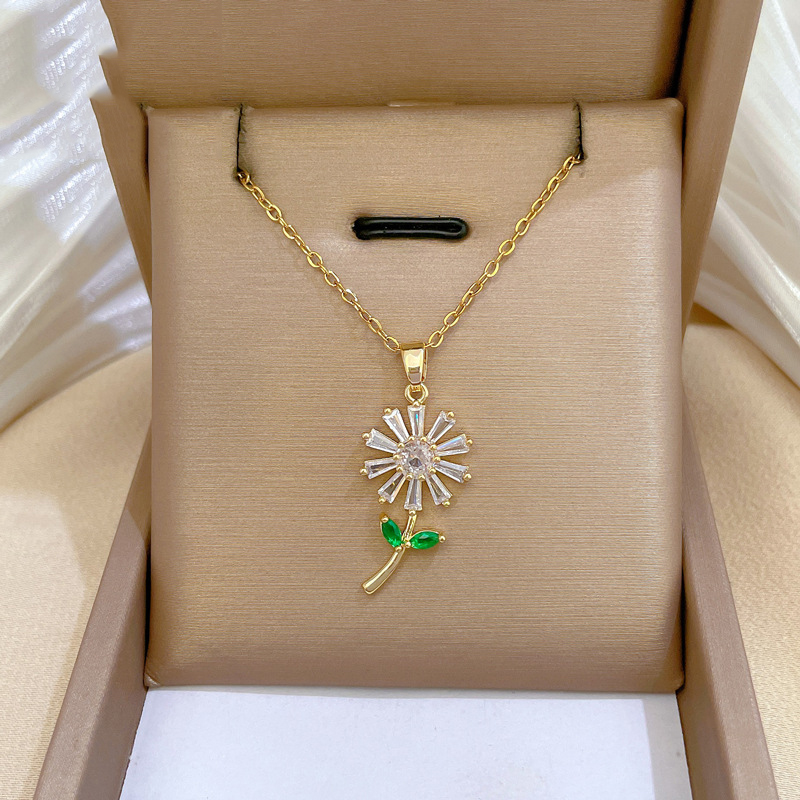 Gold Titanium Steel Diamond Flower Necklace