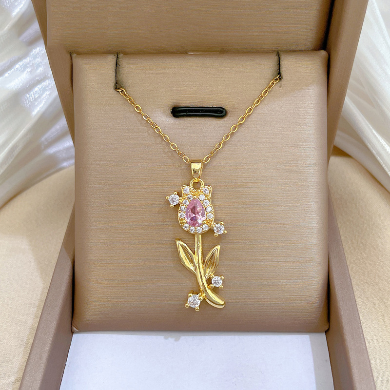 Gold Titanium Steel And Diamond Tulip Necklace