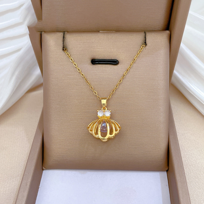 Gold Titanium Steel And Diamond Hollow Shell Necklace