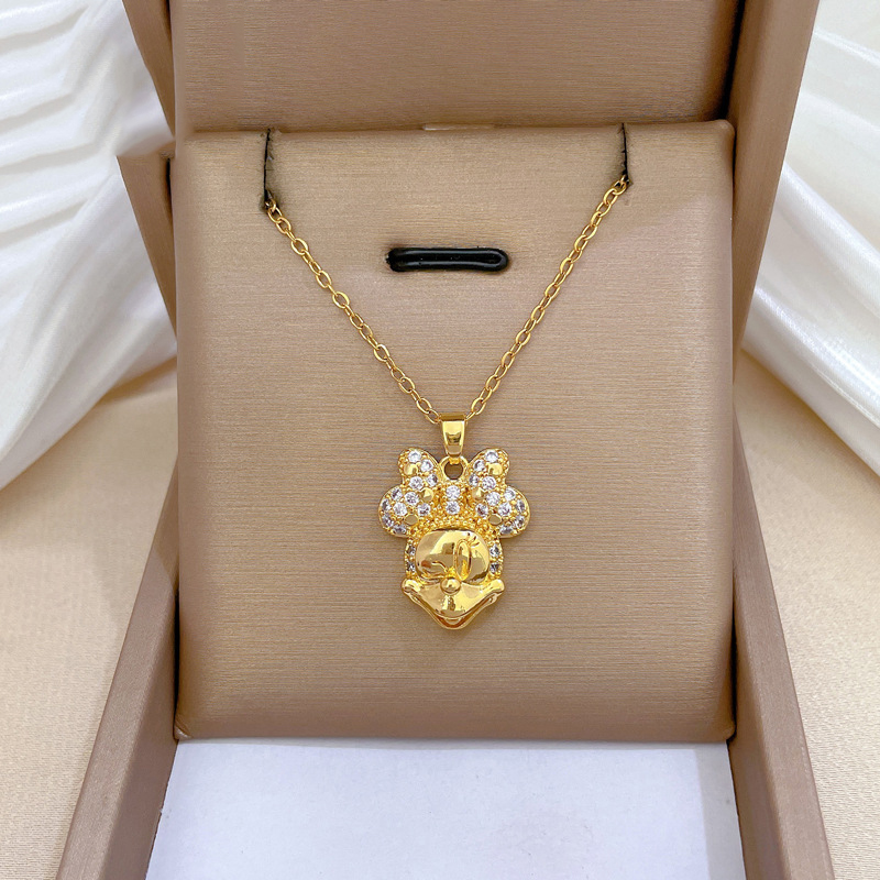 Gold Titanium Steel And Diamond Mickey Mouse Necklace