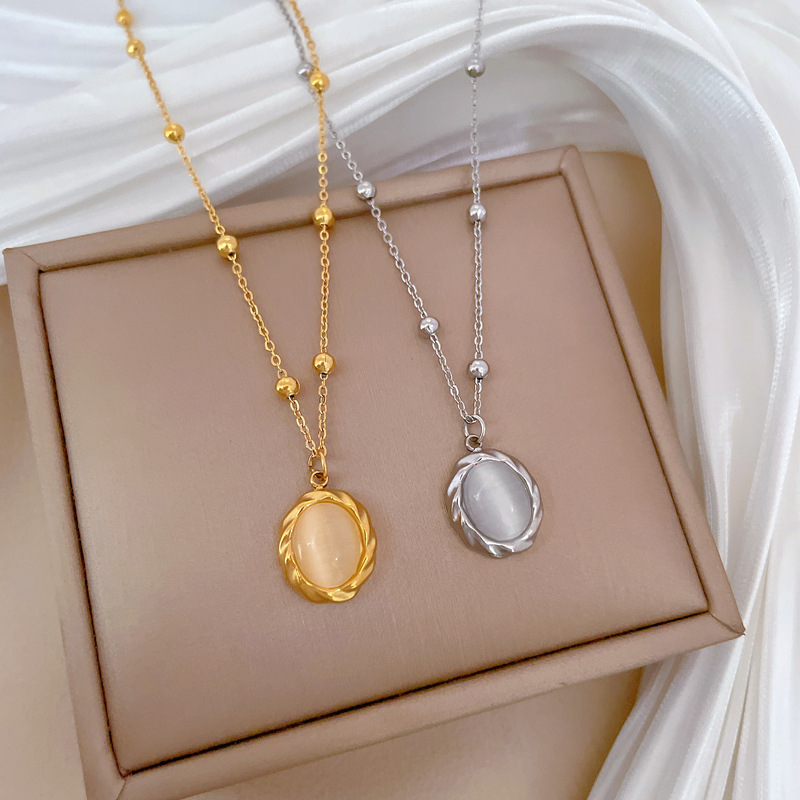 Gold Titanium Steel Oval Cat's Eye Necklace