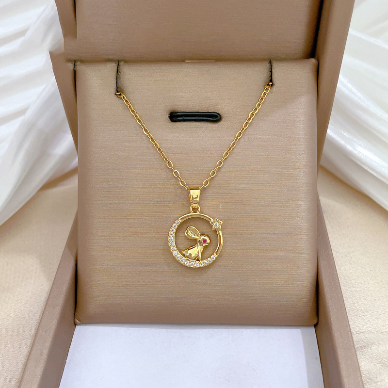 Gold Titanium Steel Diamond Ring Rabbit Necklace