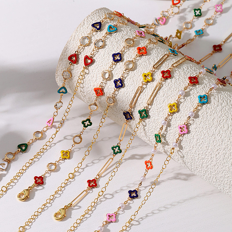 Gold 1 Copper Drop Oil Contrast Hollow Clover Pearl Waist Necklace[70+25]