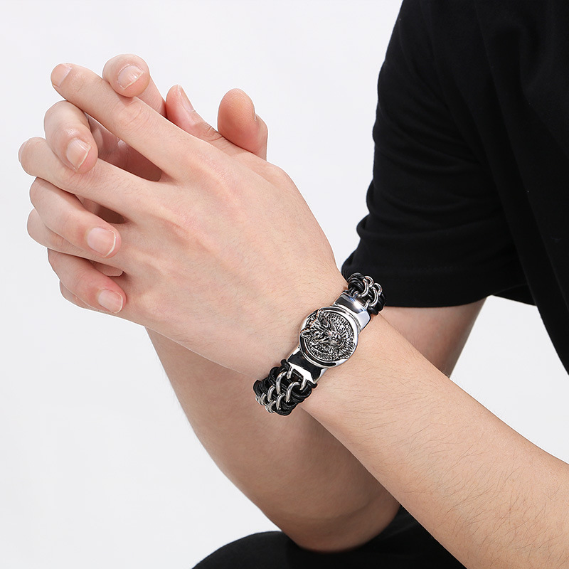 Steel Lion Head Wolf Head Animal Lion Head Magnet Buckle Titanium Steel Braided Men's Bracelet