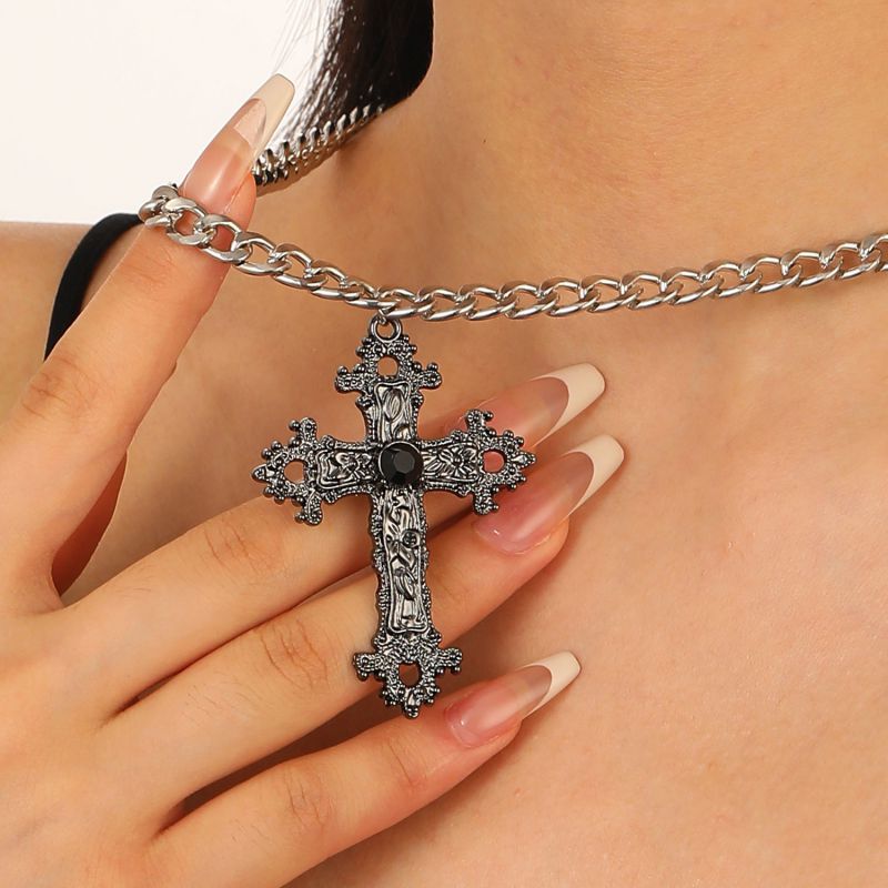 04 Bright Black Alloy Diamond Cross Necklace