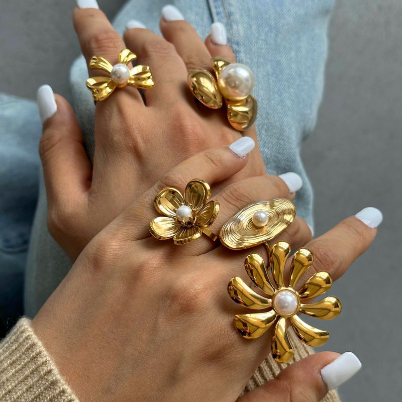 Anillo De Perlas De Flor De Acero Inoxidable