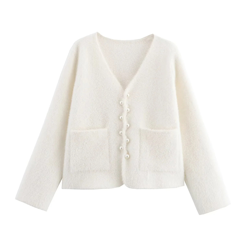 White Pearl-buttoned Long-sleeved Knitted Jacket