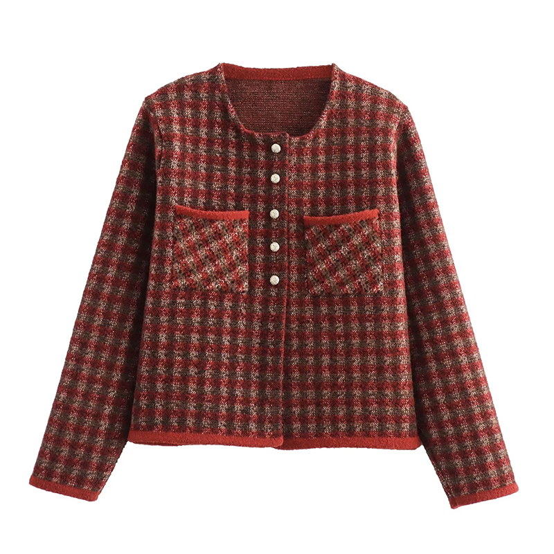 Red Blended Check Crew Neck Jacket