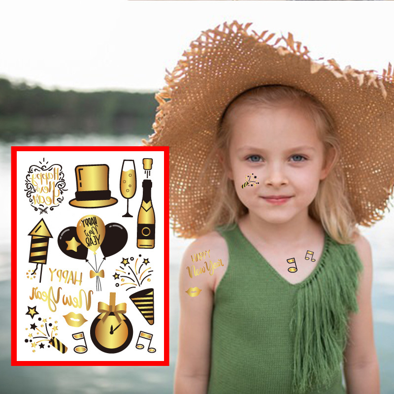 Juego De Pegatinas De Tatuajes De Dibujos Animados Con Estampado Dorado