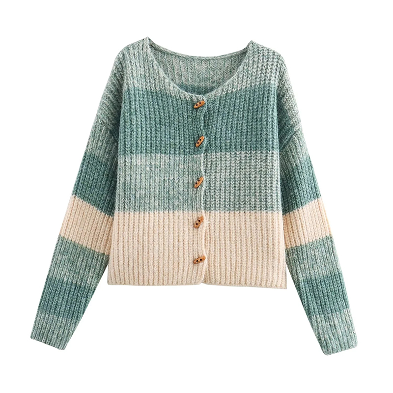 Blue Blended Striped Knitted Button-down Jacket