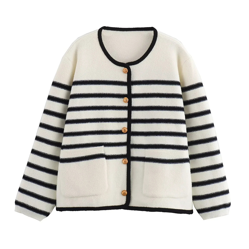 Grey Striped Knitted Cardigan Jacket