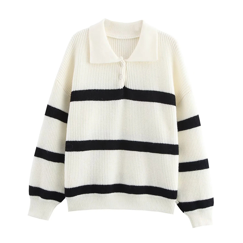 Black And White Lapel Striped Knitted Pullover Sweater