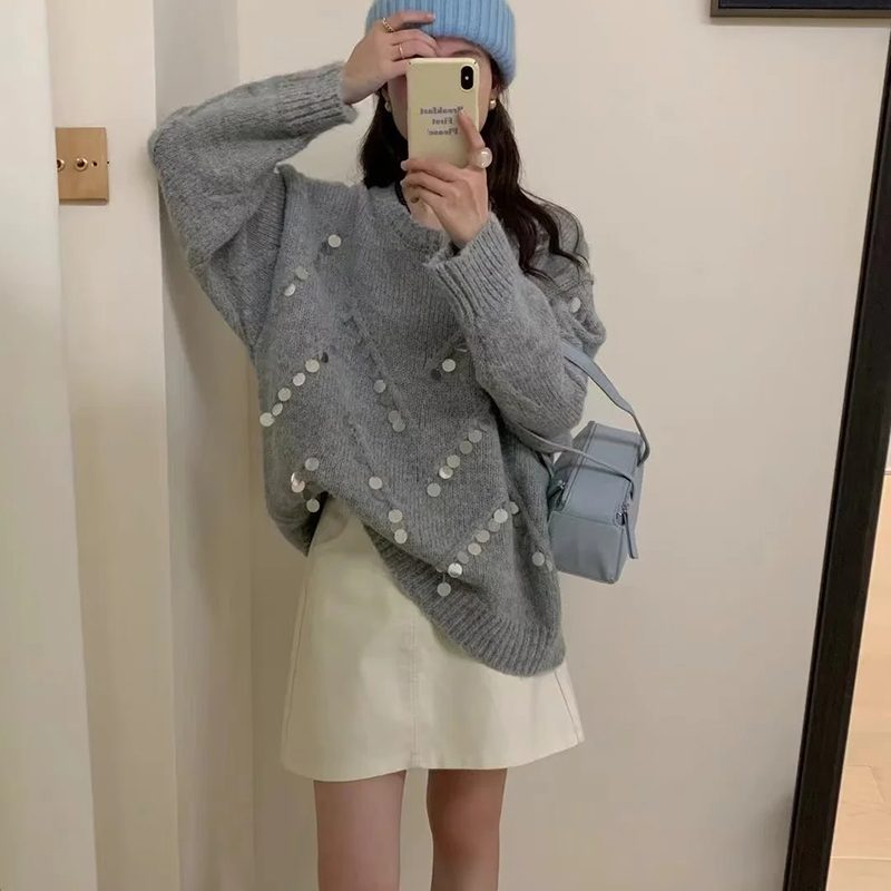 Grey Sequined Pullover Knitted Sweater