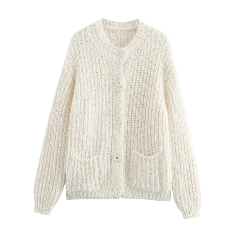 White Blended Knit Cardigan Sweater Jacket