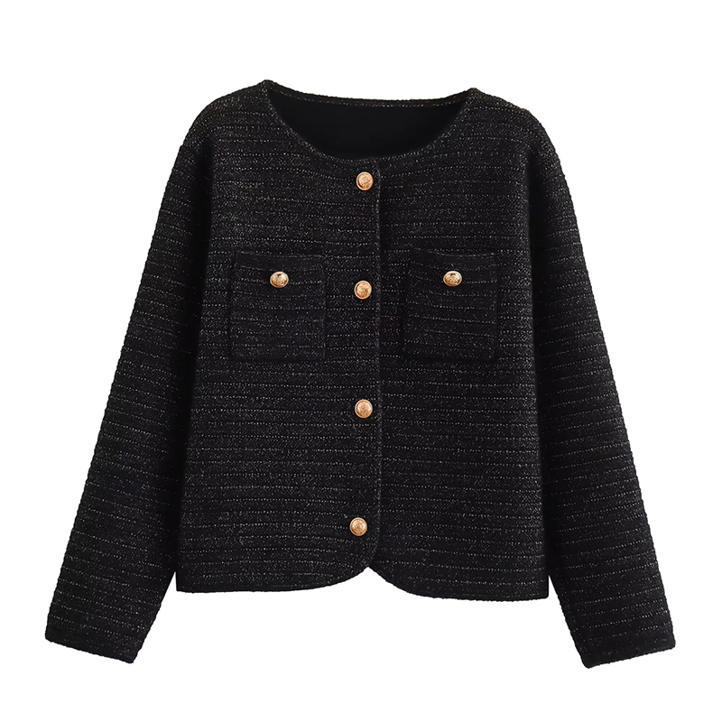 Black Crew Neck Knitted Jacket With Gold Buttons
