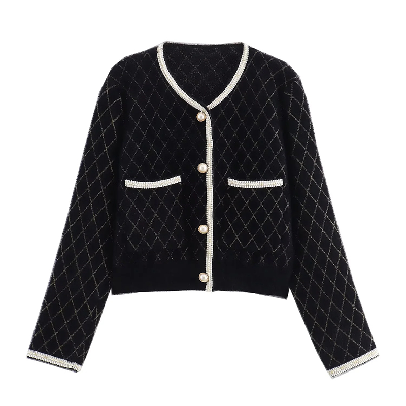 Black Blended Diamond Gold Thread Buttoned Knitted Jacket