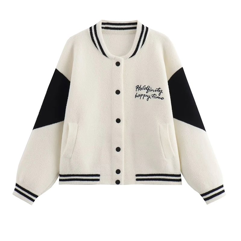 Black And White Lettering Embroidered Contrast Color Stand Collar Button-down Jacket