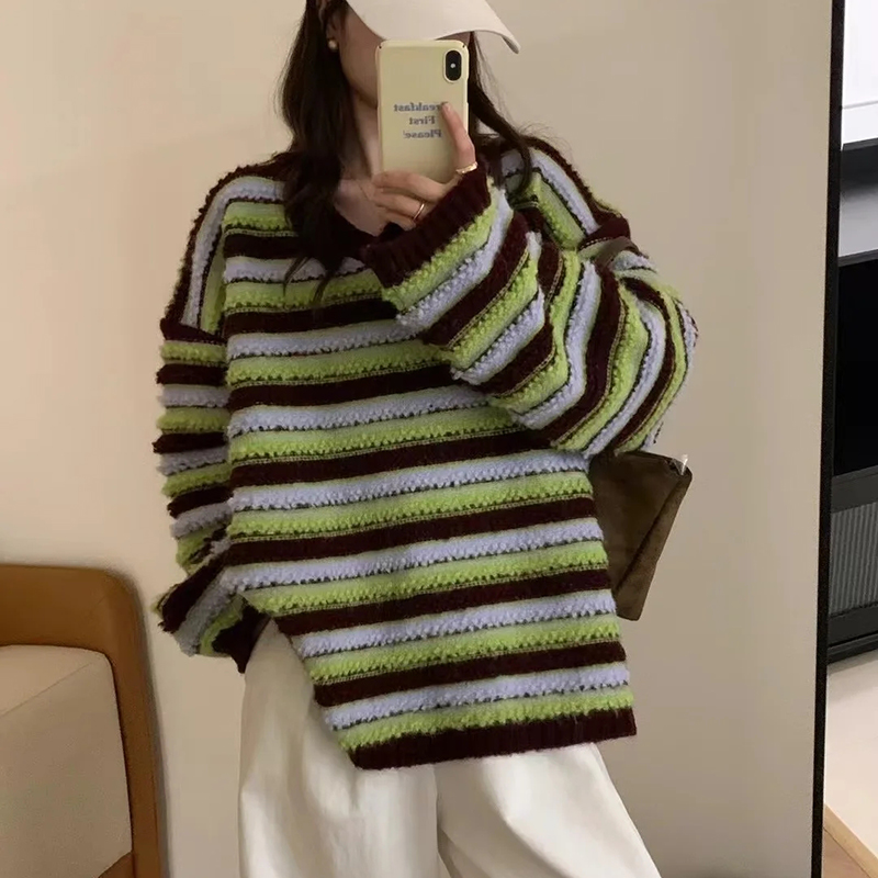Color Blended Striped V-neck Knitted Sweater