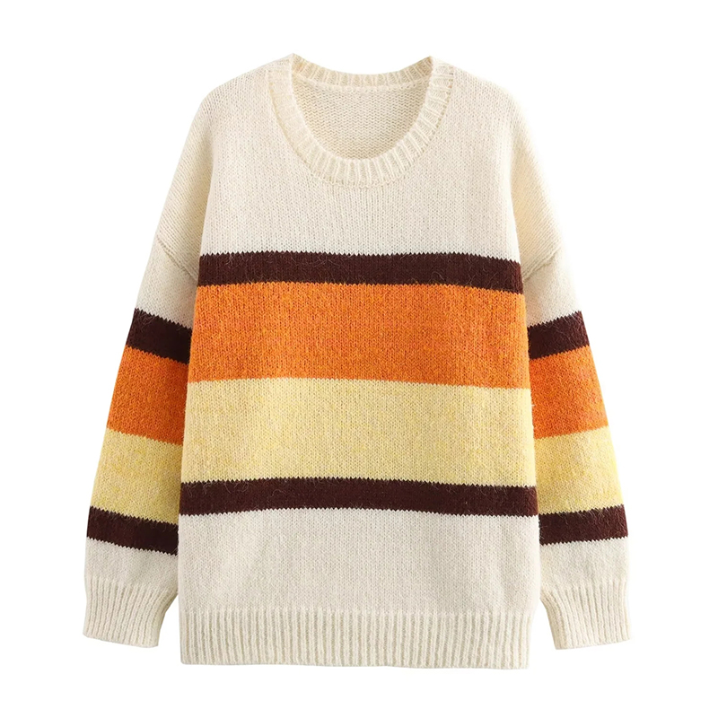 Blue Blended Striped Contrast Pullover
