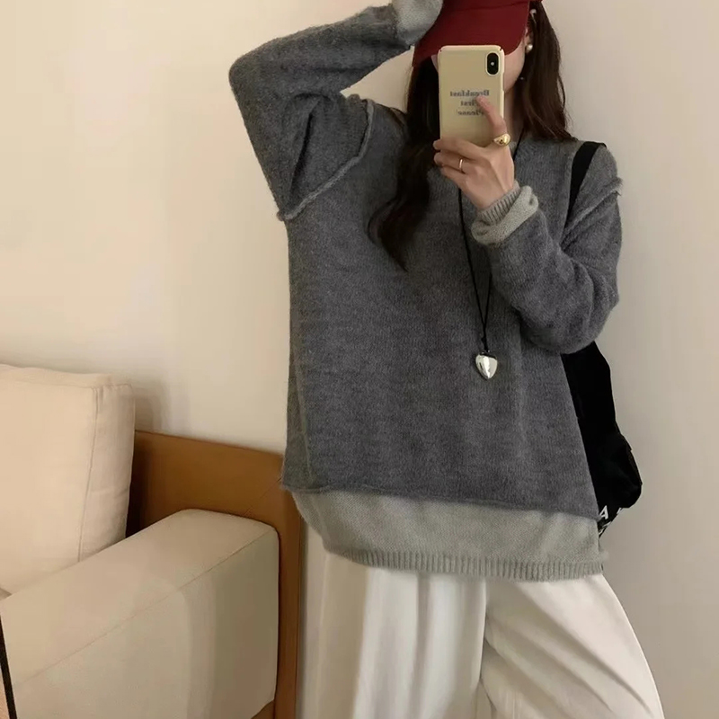 Grey Mohair Contrast Crew Neck Sweater