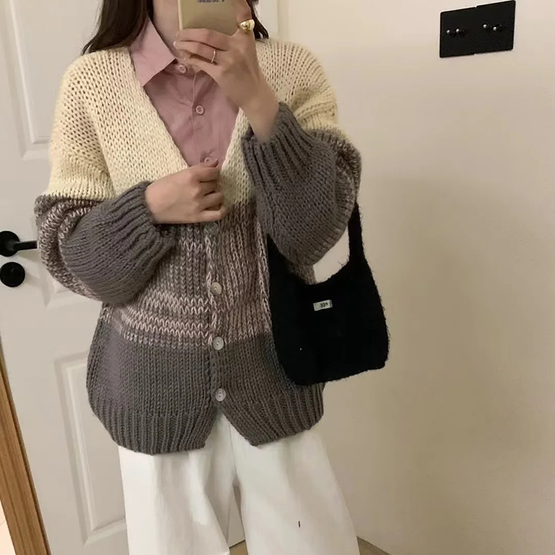 Dark Green Blended Contrast Striped Long-sleeved Knitted Jacket